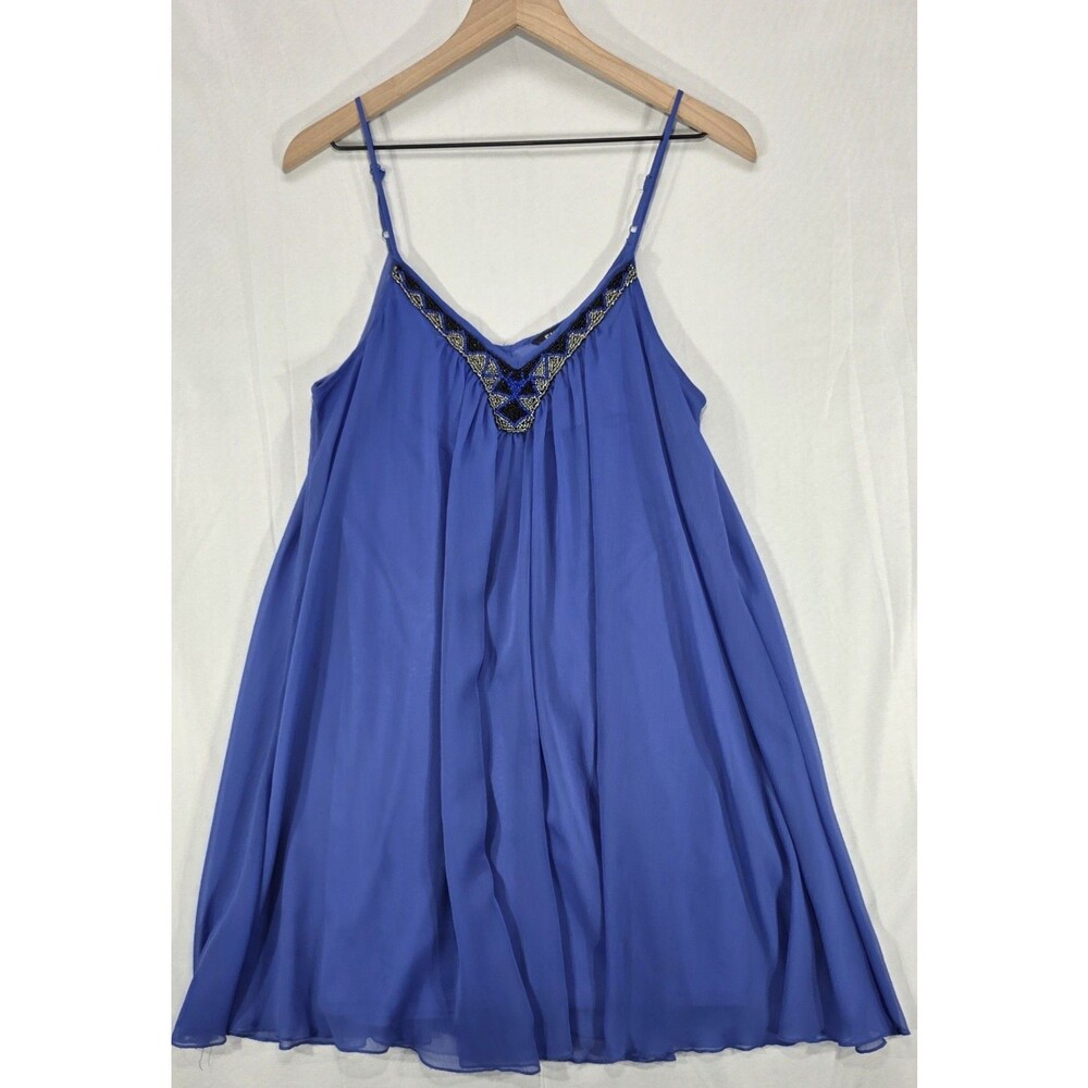 Vintage Y2K Express Chiffon Trapeze Dress Blue Beaded Mini Fairycore Boho Slip M